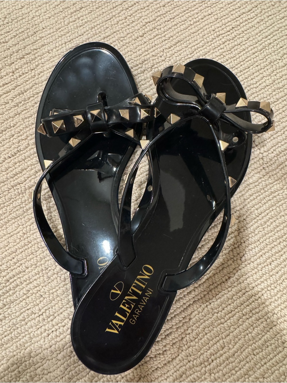 Valentino Black Jelly Bow Sandals with Gold Rockstuds 38